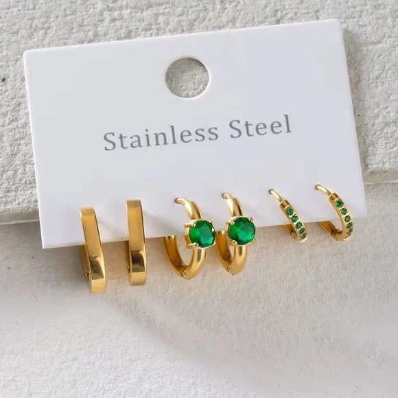 3 Pairs | 18K Gold Plated Green Hoop Earrings Set - Picture 5 of 7